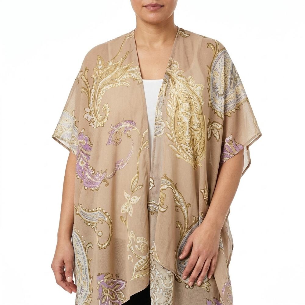 Cato Paisley Sheer Kimono Cardigan Beige Open Front Women Size One Size